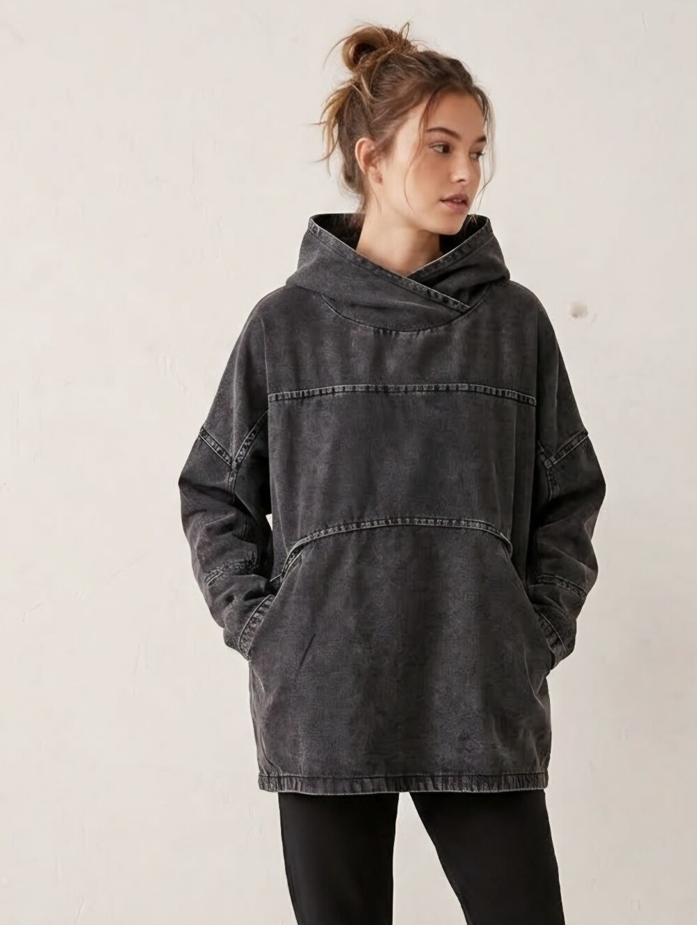 Acid Wash Black Denim Oversized Pullover Hoodie Sz Medium